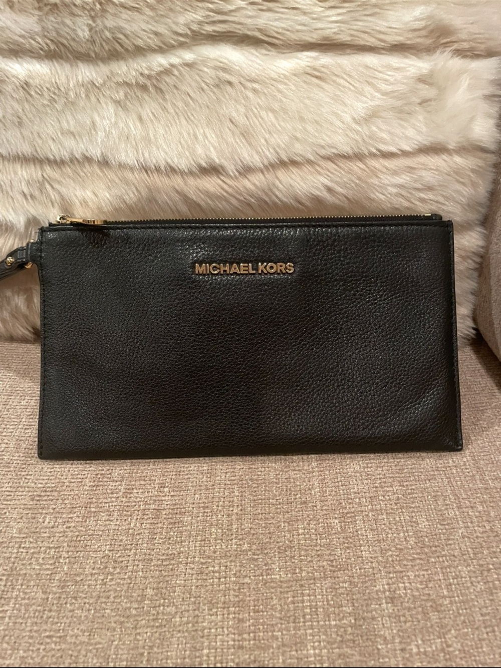 Michael Kors Black Pebbled Leather Zip Pouch with Gold Logo